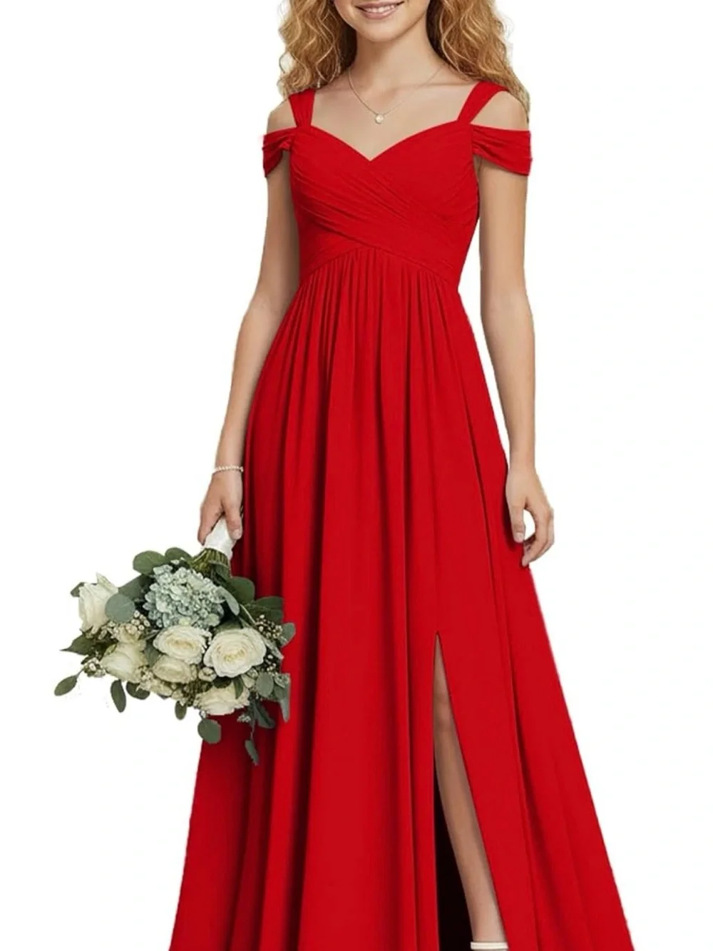 Red Off-Shoulder Evening Dress with Side Slit